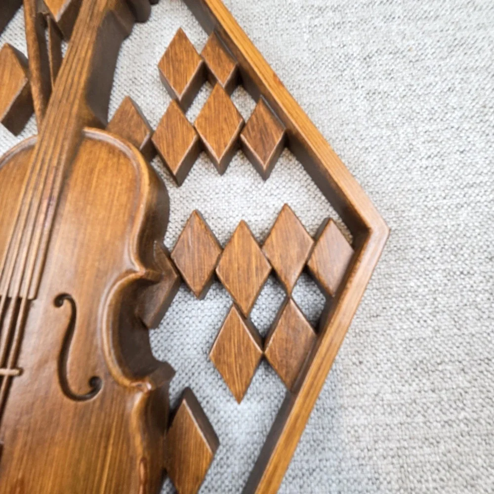 Vintage Set Of 1960s Mid Century Folk Art Musical Wall Plaques Of Violin & Banjo